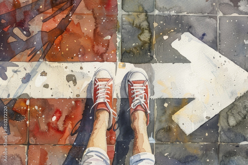 Poster a person standing on a tiled floor, suitable for architectural and interior design concepts