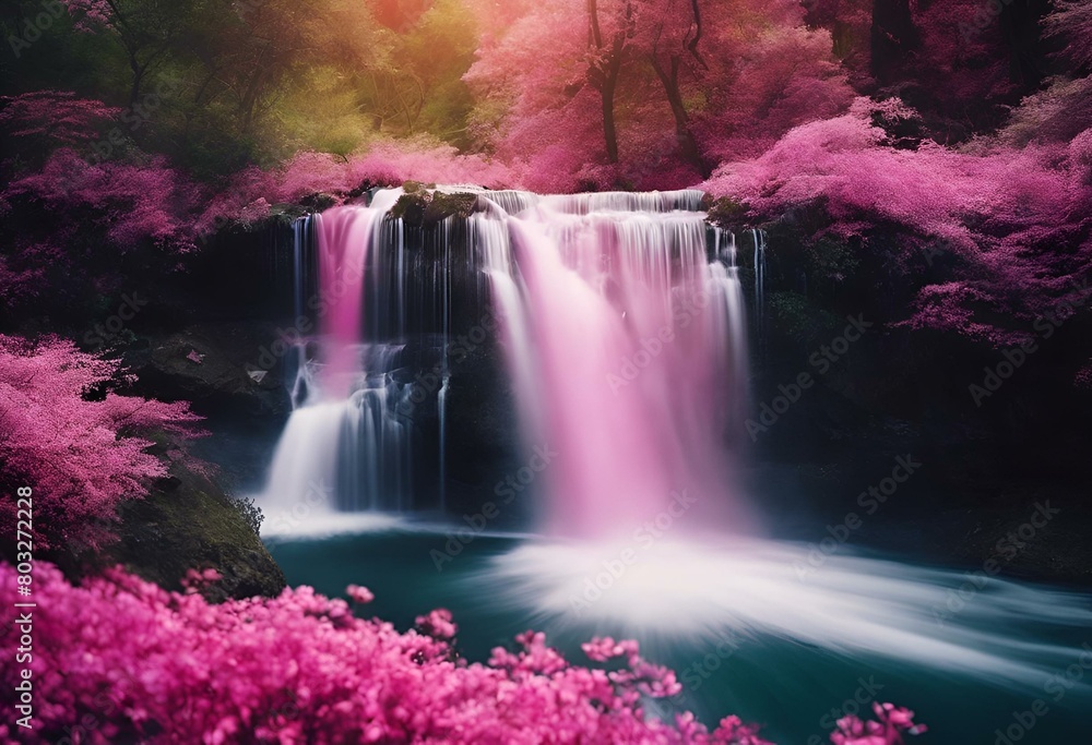 Poster AI generated illustration of a waterfall cascading beside pink tree adorned with red flowers