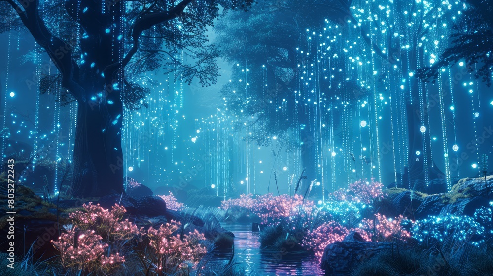 Aufkleber a forest with glowing trees and a stream