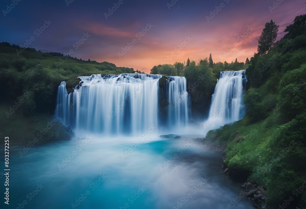 Poster AI generated illustration of a scenic sunset waterfall with vibrant sky and deep blue water