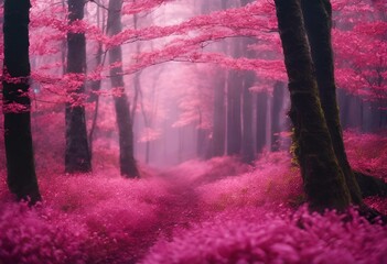 AI generated illustration of a misty pink forest with abundant foliage and trees