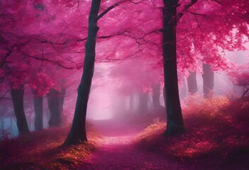 AI generated illustration of a pink pathway with fog and trees on the sides