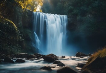 AI generated illustration of a massive waterfall cascades over rocks in lush jungle setting