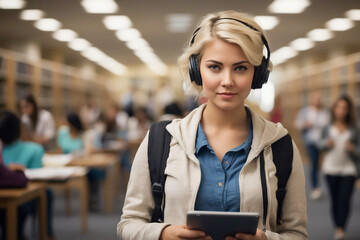Young Female Student Using Tablet with Headphones in Busy University Library Setting