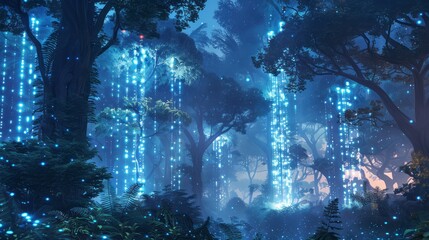 A forest with trees lit up in blue lights