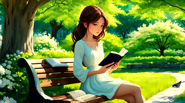Lady reading book under tree in the park. Seamless looping time-lapse 4k video animation background