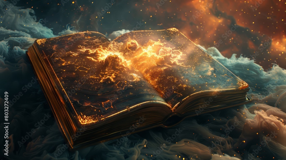 Poster a book is open to a page with a glowing yellow sun on it. the book is surrounded by a cloud of smoke