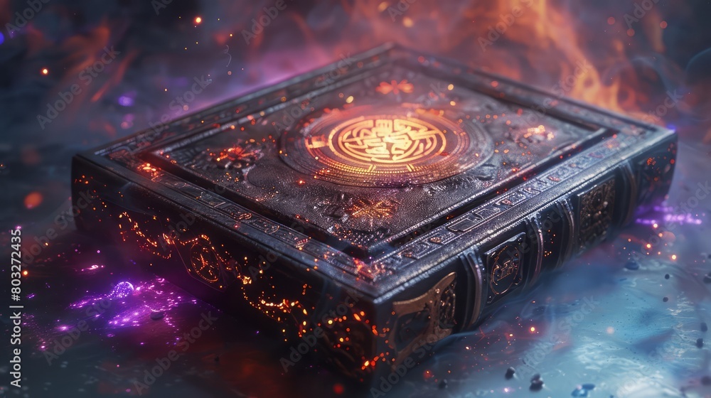 Poster a book with a glowing symbol on it. the book is surrounded by fire and smoke, giving it a mystical a
