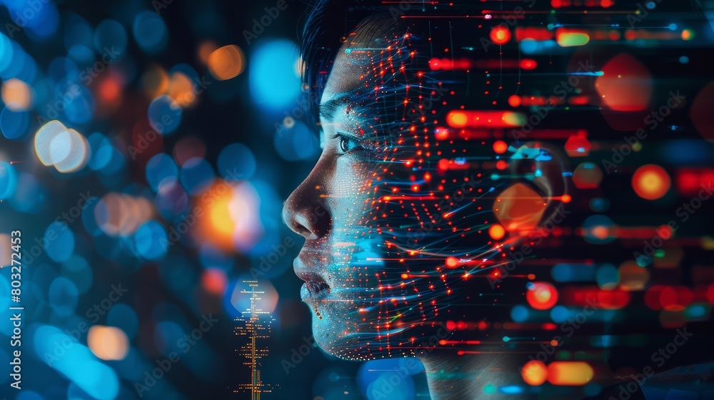 Aufkleber A man's face is shown in a computer generated image with a lot of dots and lines. The image has a futuristic and abstract feel to it, with the man's face being the main focus