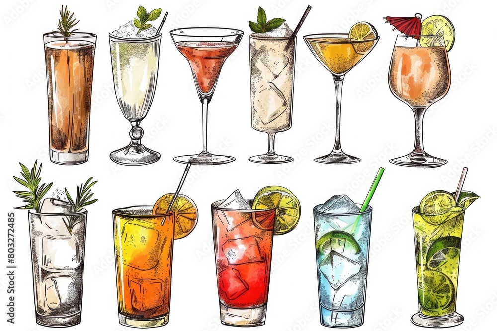 Poster collection of different types of cocktail drinks, perfect for bar menus or party invitations