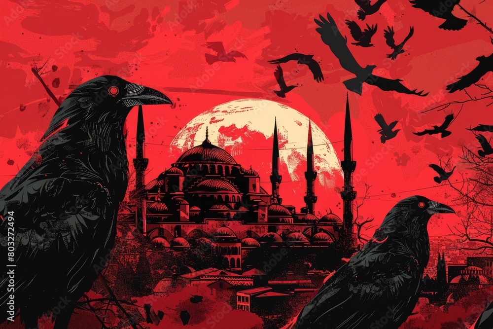 Poster two black birds perched on a branch against a striking red sky. ideal for nature and wildlife concep