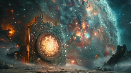 A large, glowing, circular door is in the foreground of a space scene. The door is surrounded by a large, colorful, swirling cloud of gas and dust. The scene is set in a distant galaxy