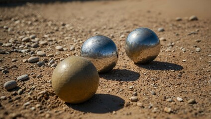 Three silver balls lie on a sandy surface. Petanque