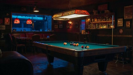 A pool table with a blue cloth and a few balls on it, in a biker bar.