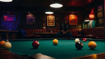 A man sits in a bar with a pool table in the background