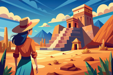 Fototapeta premium A lone adventurer studies a mysterious temple in a barren desert landscape