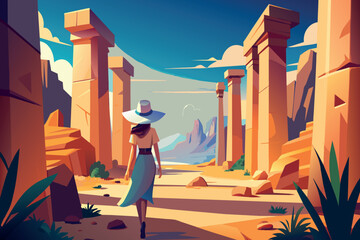 A stylish woman strolls through ancient ruins at dusk