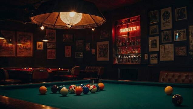 A pool table with a neon sign and a lamp on top.