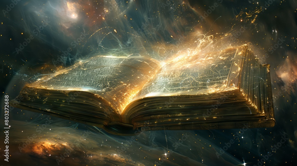 Aufkleber A book is open to a page with a glowing text. The book is floating in space, surrounded by stars and a glowing blue sky. The scene is surreal and dreamlike
