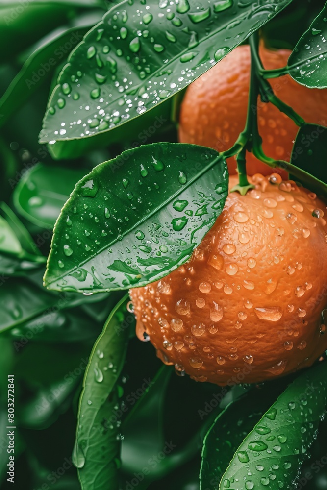 Poster macro close up of juicy orange with dew drops hanging on tree wide banner with space for text