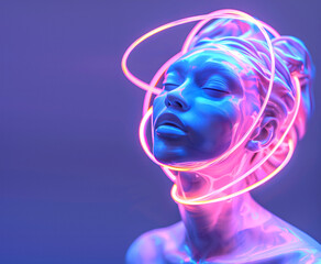 Fashion Surreal Concept. Closeup portrait of woman sculpture portrait in pastel neon ring halo circle round and covered in liquid molten chrome fluid. copy text space
