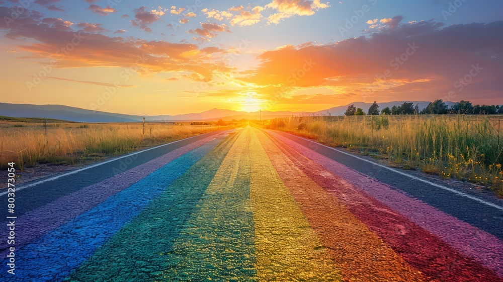 Aufkleber a rainbow is painted on a road, with the sun setting in the background. the colors of the rainbow ar