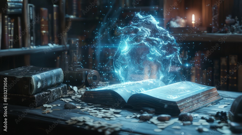 Poster A book is opened on a table with a blue glow surrounding it. The glow is coming from a crystal or some other magical object