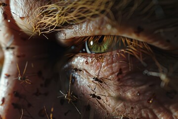 Person's eye with mosquitoes, suitable for medical or horror themes