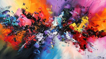 Colorful abstract painting depicting a vibrant clash of shades and shapes
