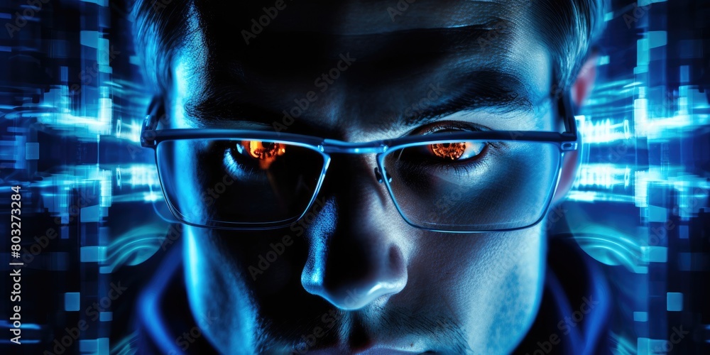 Poster a man with glasses is looking into a computer monitor. concept of curiosity and intrigue, as the vie