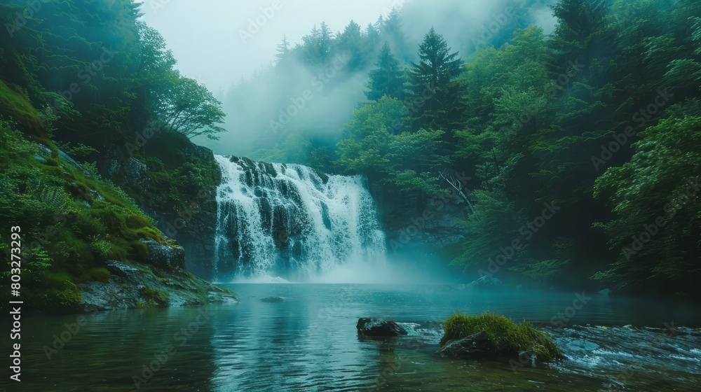Poster a waterfall is flowing into a lake in a forest. the water is misty and the trees are lush and green.