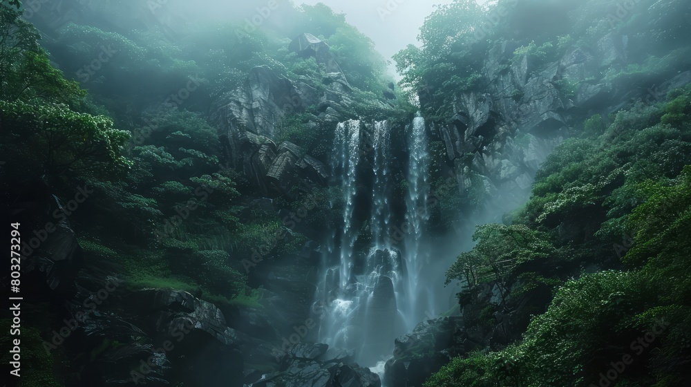 Poster a waterfall is surrounded by lush green trees and rocks. the water is misty and the sky is cloudy. t