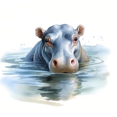 Baby hippo. Funny hippopotamus. Cute hippo clipart. Watercolor illustration. Generative AI. Detailed illustration.