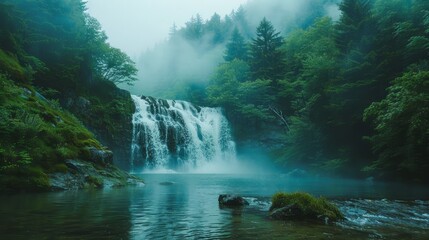 A waterfall is flowing into a lake in a forest. The water is misty and the trees are lush and...