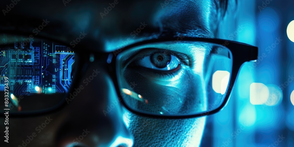 Poster a man with glasses is looking into a computer monitor. concept of curiosity and intrigue, as the vie