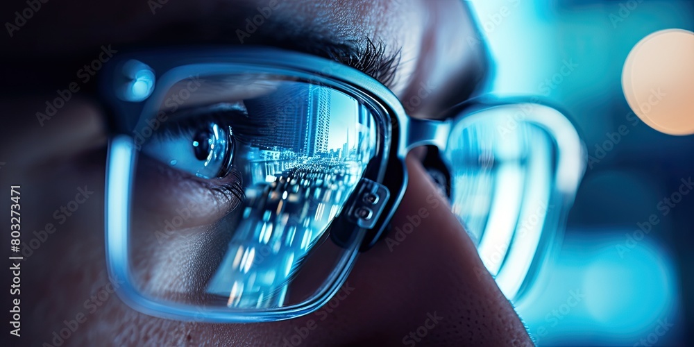 Poster a man with glasses is looking into a computer monitor. concept of curiosity and intrigue, as the vie