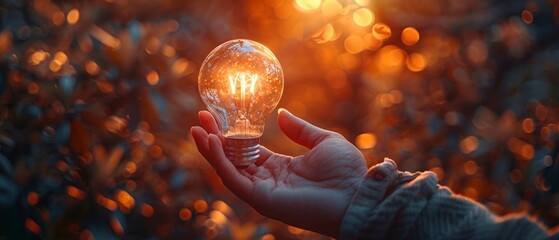 Light bulb in hand at sunset