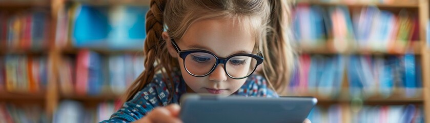 Little girl with glasses using a tablet in the library