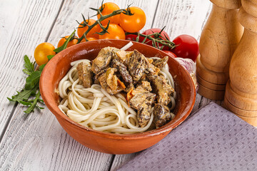 Asian udon noodles with beef