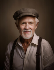 A portrait of an old man, wearing a cap, white shirt, and suspenders against a neutral background
