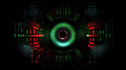 Biometric Identification System with Red and Green Iris Scans Illustrating Biometric Access Control on Black Background