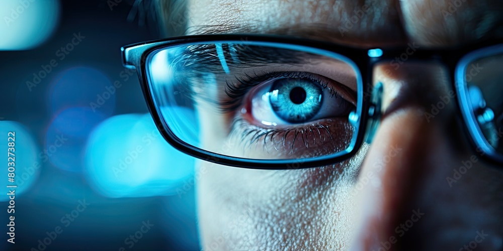 Poster a man with glasses is looking into a computer monitor. concept of curiosity and intrigue, as the vie