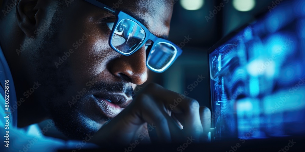 Poster a man with glasses is looking into a computer monitor. concept of curiosity and intrigue, as the vie