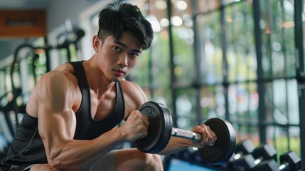 A muscular man in a black tank top is sitting on a bench in a gym. He is holding a dumbbell in his right hand and looking at the camera with a serious expression. - Powered by Adobe
