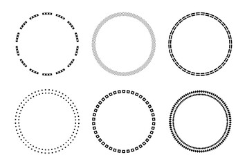 Decorative circle frame template design set of six round border vector with polka dot pattern. Circle frame detail vector design set. Simple ornament design for labels, covers, invitation cards.