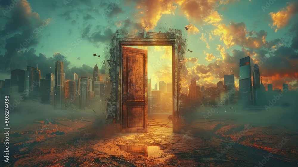 Poster a door is open in a city with a foggy atmosphere. the door is surrounded by a lot of debris and the 