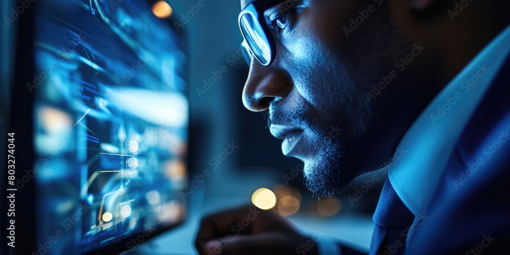 Poster curiosity captured: man with glasses engrossed in computer monitor, drawing viewer's intrigue