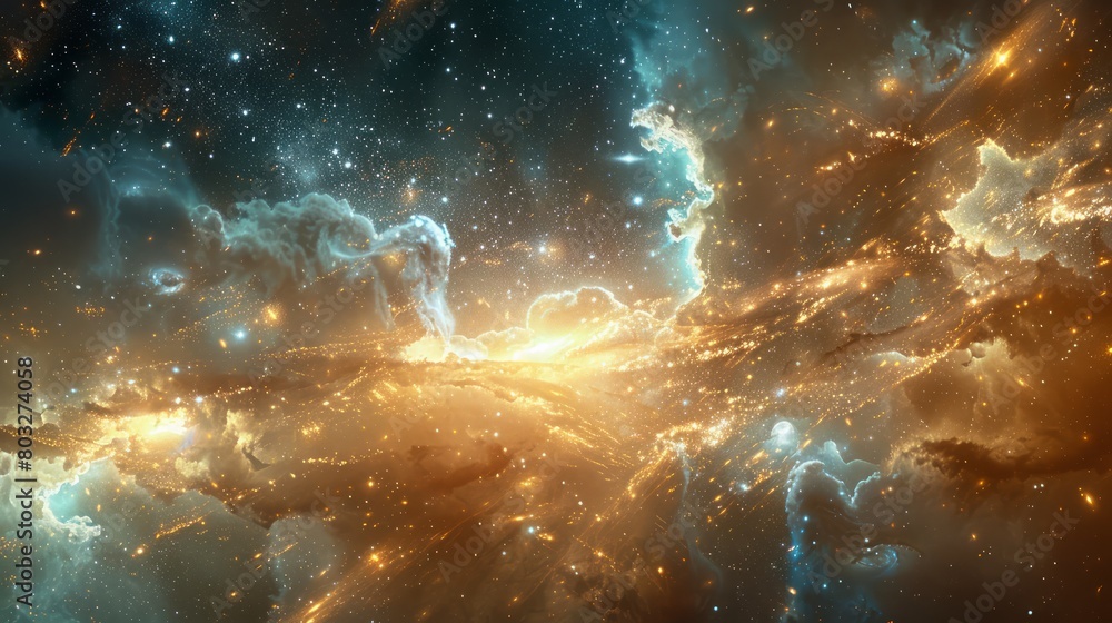 Poster a colorful space scene with a lot of stars and clouds. the colors are bright and the clouds are fluf