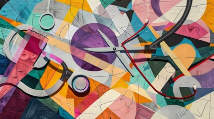 Vibrant abstract art of medical tools, including stethoscope and syringe amidst chaotic colors