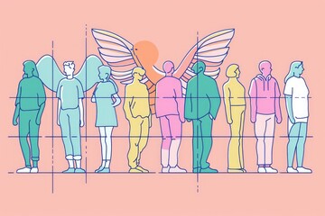 A group of people with wings standing in a line. Suitable for fantasy themed designs